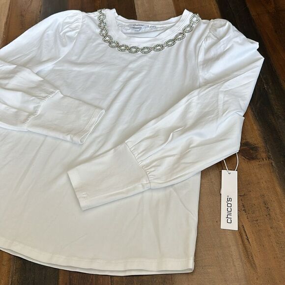 Chico’s Sz 1 embellished neck Top - Picture 4 of 10